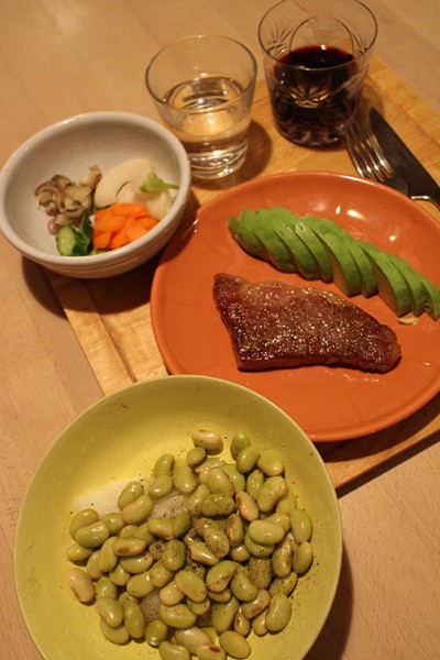 beef steak, boiled green soy bean